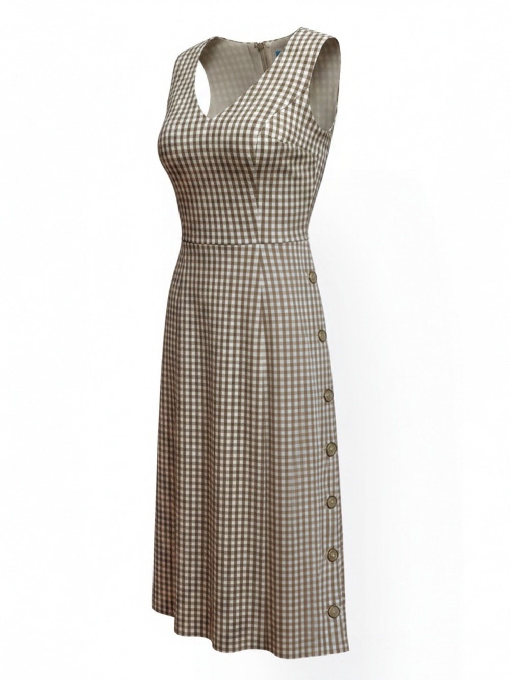 J. McLaughlin Dress Size 2 Tan Cream Gingham Check Sleeveless Side Button Sheath